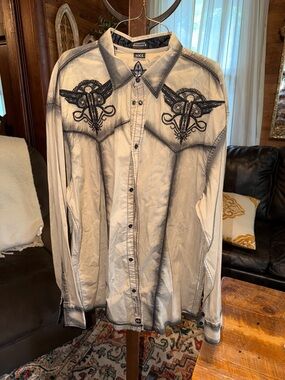 Roar Men's White and Black Button-Down Shirt with Embroidered Chest Design